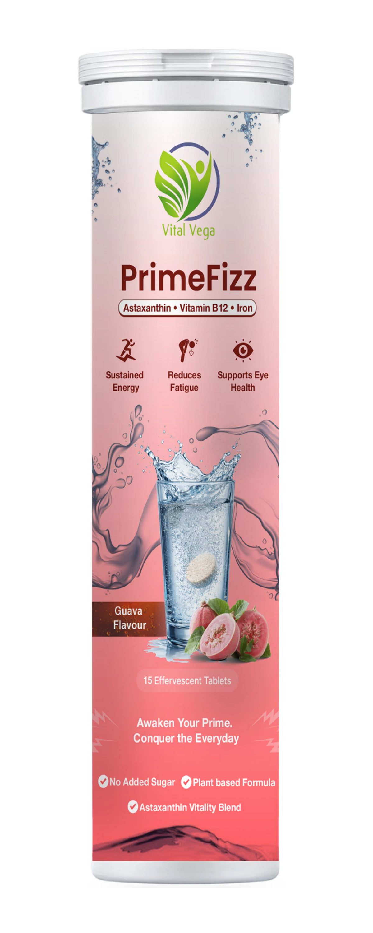 PrimeFizz guava effervescent tablets with astaxanthin, vitamin B12 and iron