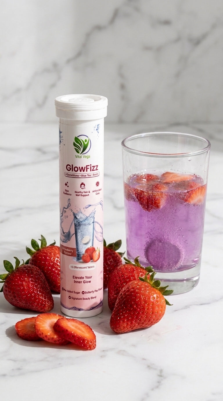 GlowFizz strawberry effervescent tablets beside a purple drink and fresh strawberries