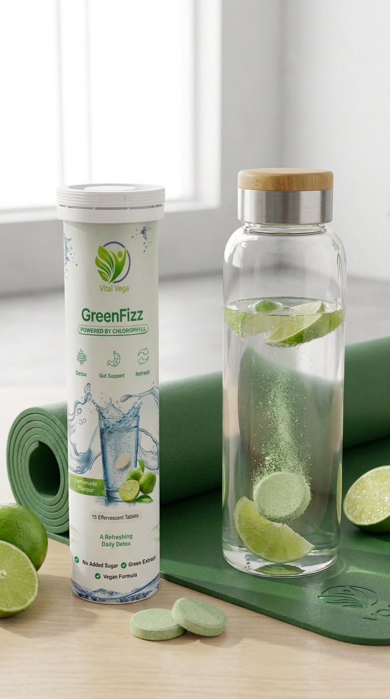 GreenFizz lemonade effervescent tablets with a bottle and lime in a wellness setting