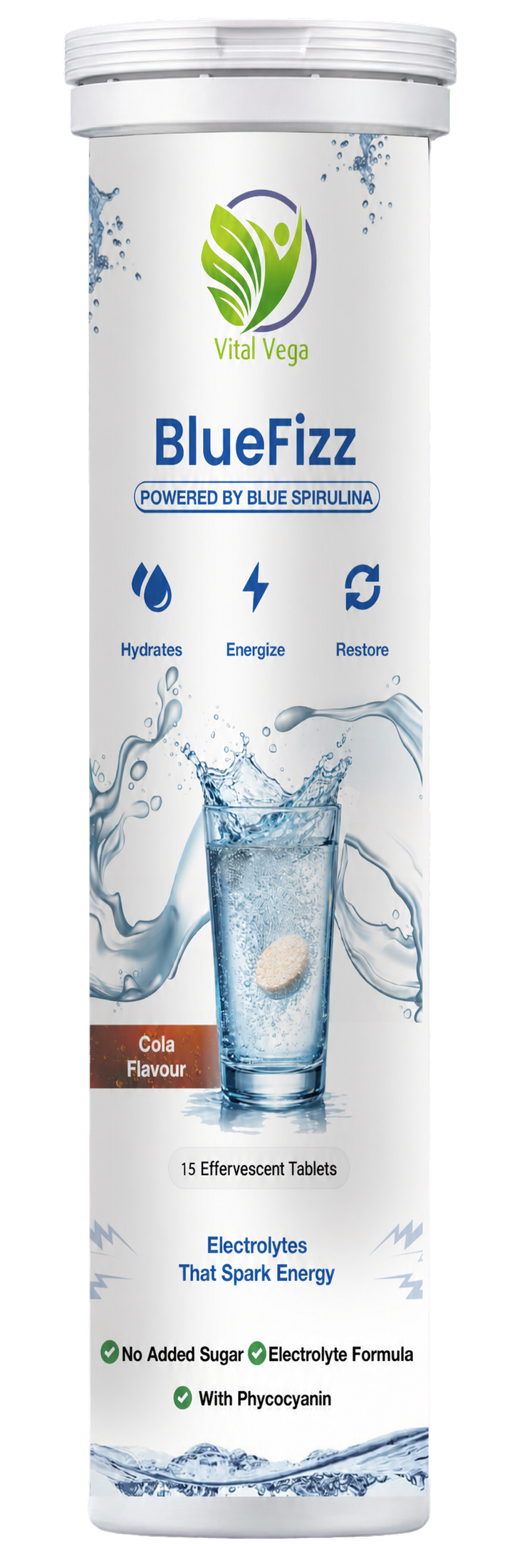 BlueFizz cola flavour electrolyte effervescent tablets with phycocyanin