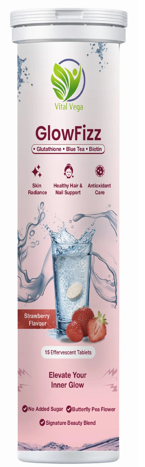 GlowFizz glutathione, butterfly pea flower and biotin strawberry effervescent tablets
