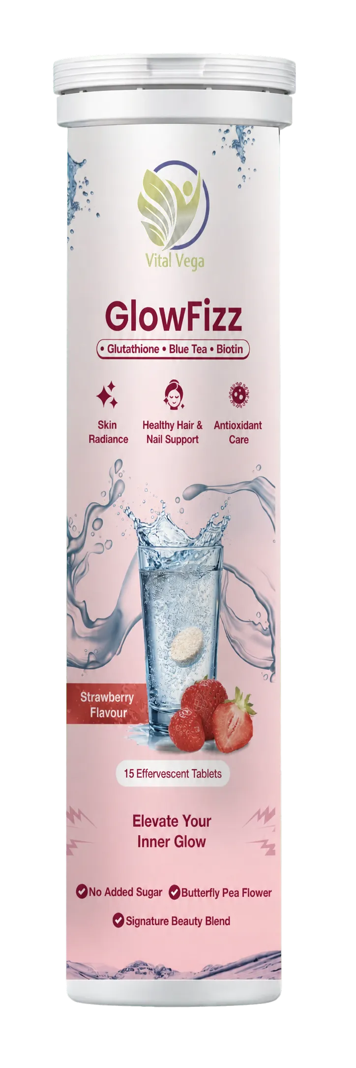 Vital Vega GlowFizz glutathione, butterfly pea flower and biotin effervescent tablets