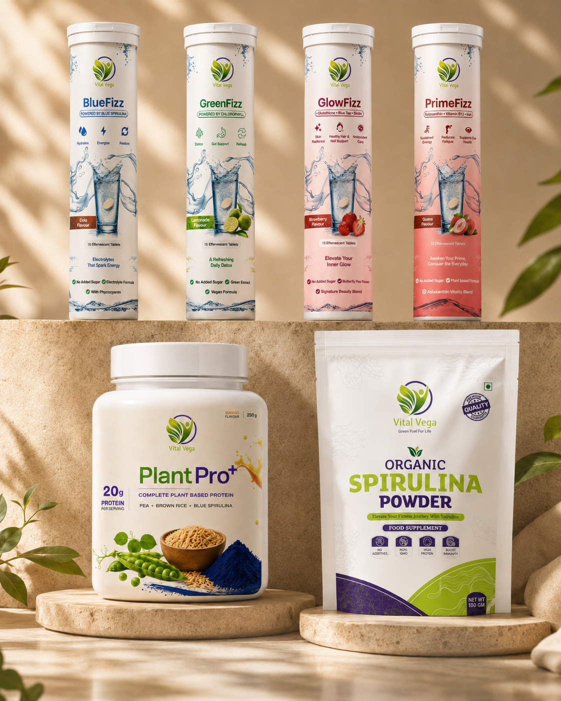 Vital Vega Fizz tubes, PlantPro+ and Organic Spirulina arranged in a warm premium wellness setting